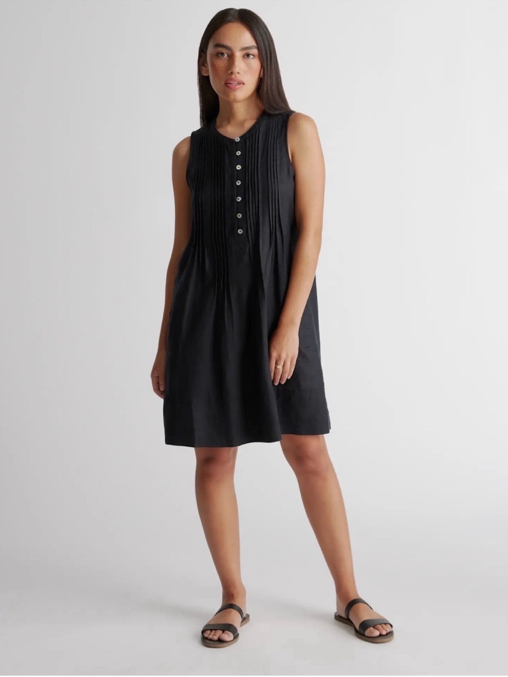 Quince Black Sleeveless Pintuck Linen Mini Dress 100% European Linen
